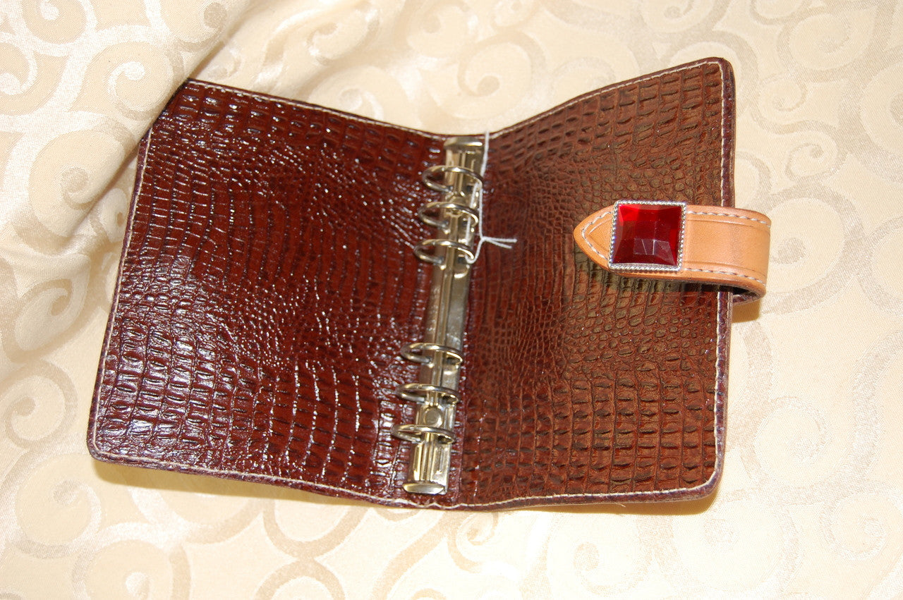 Hand tooled day planner notebook with gator embossed inlay and snap closure