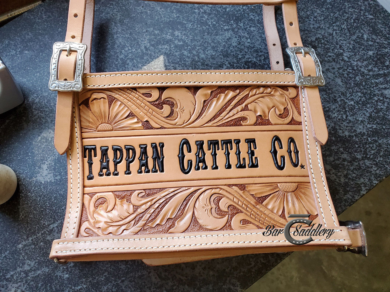 Custom Leather Livestock Exhibitor Show Number Holder Harness - Floral With Name