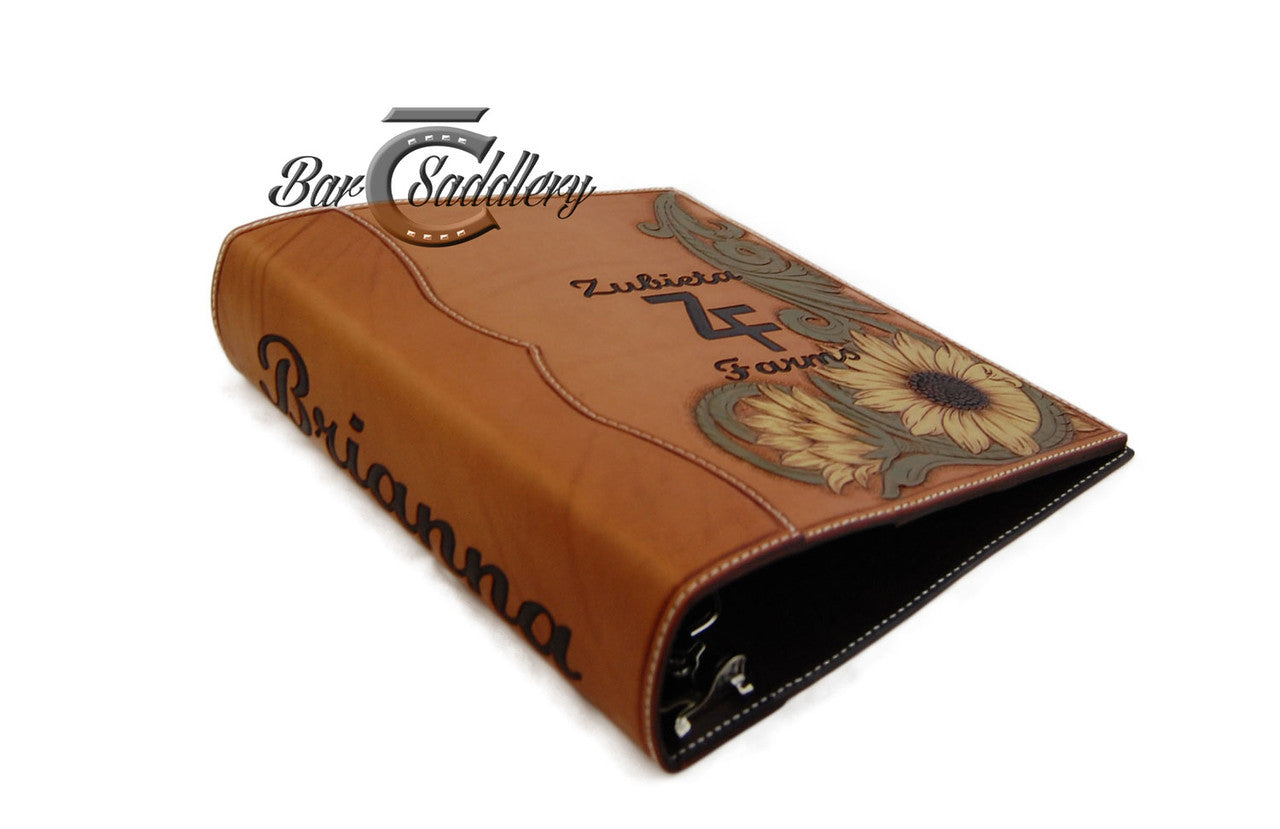 Custom, hand tooled, leather 3 ring binder