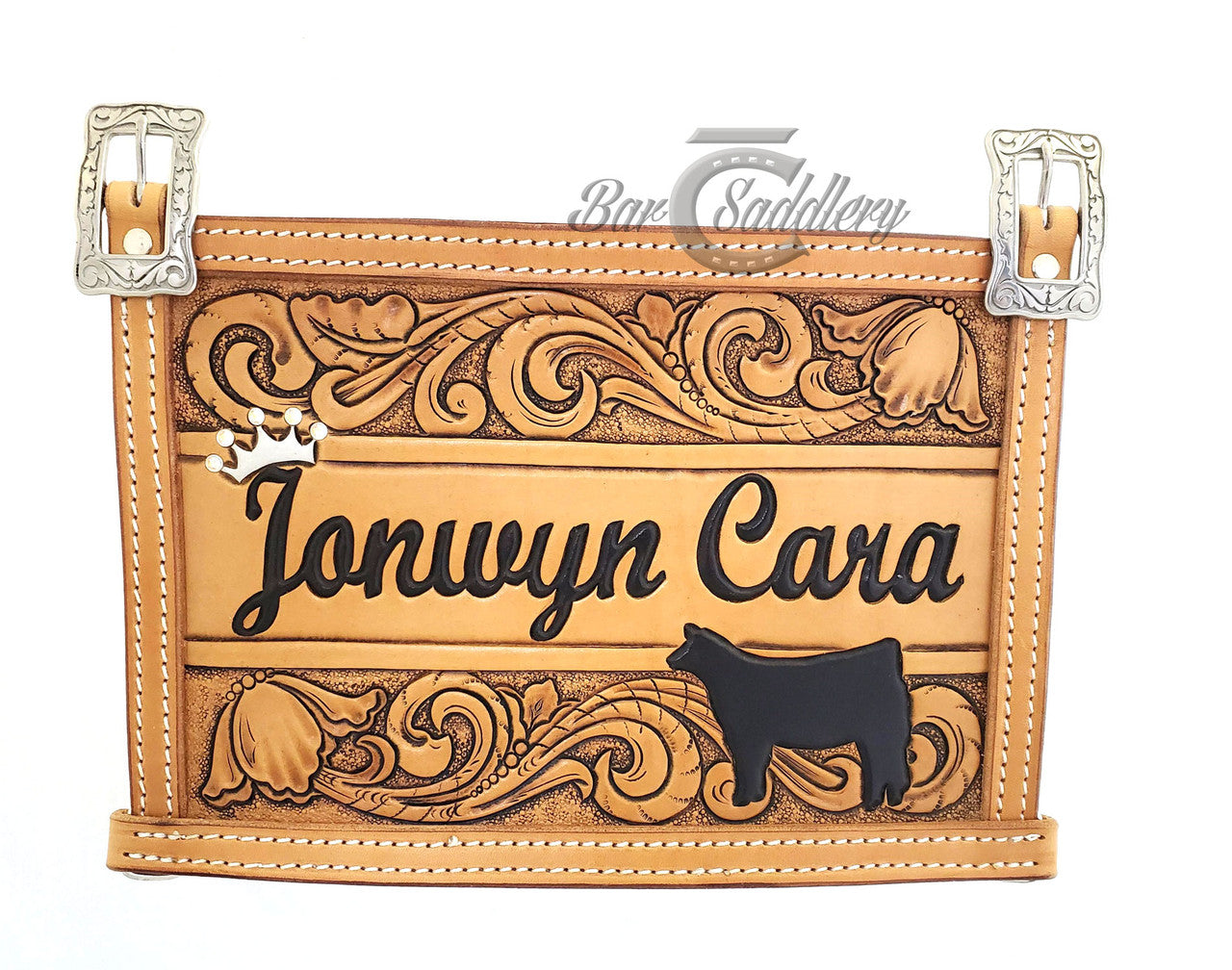 Custom Leather Livestock Exhibitor Show Number Holder Harness - Floral With Name