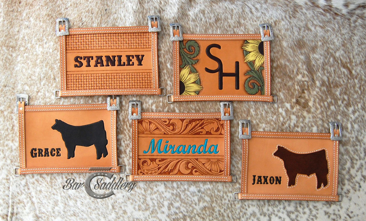 Custom Leather Livestock Exhibitor Show Number Holder Harness - Floral With Name