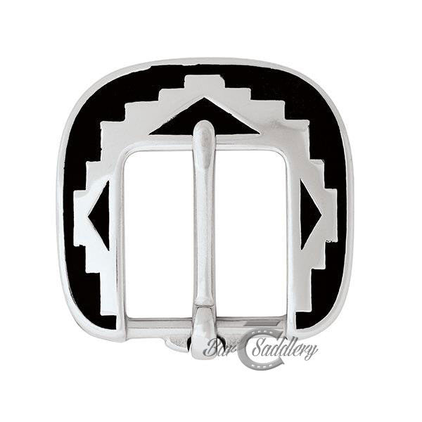 Plains Indian heel bar stainless steel buckle with black accents by Jeremiah Watt. Horse Shoe Brand