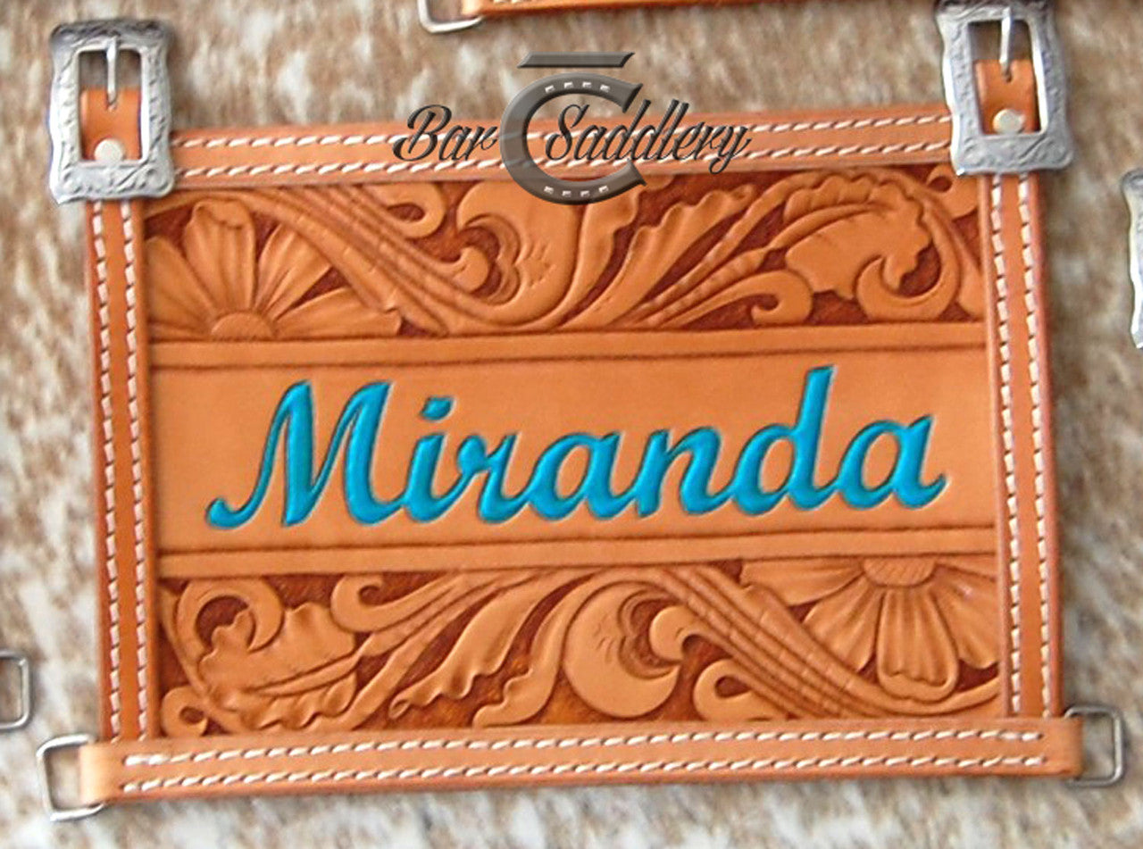 Custom Leather Livestock Exhibitor Show Number Holder Harness - Floral With Name