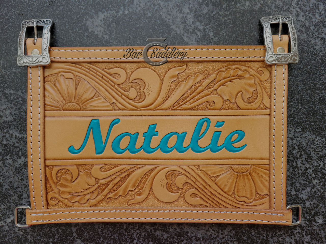 Custom Leather Livestock Exhibitor Show Number Holder Harness - Floral With Name