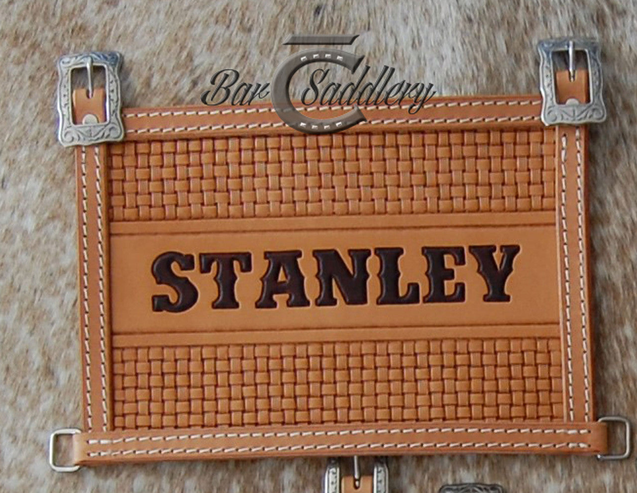Custom Leather Livestock Exhibitor Show Number Holder Harness - Basket Weave with Name
