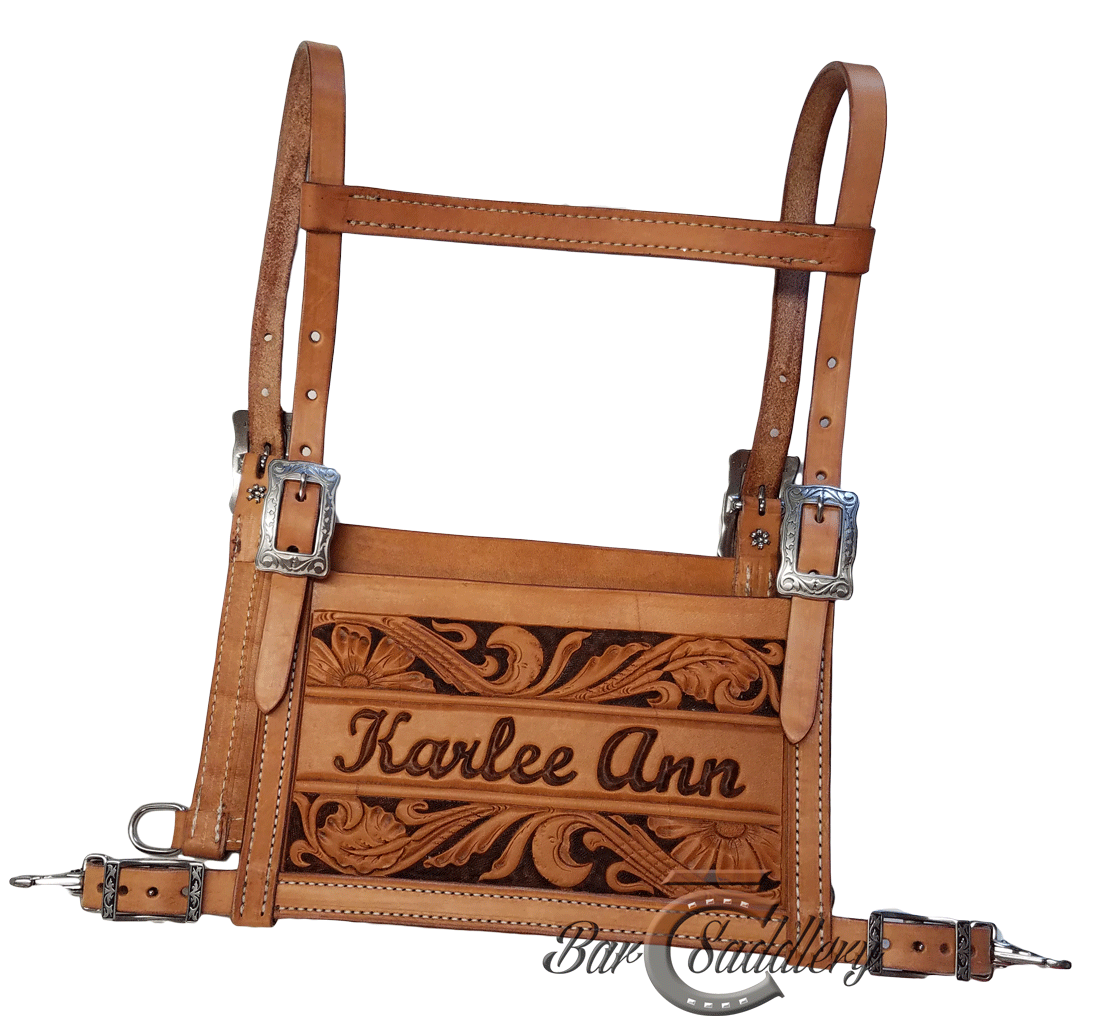 Custom Leather Livestock Exhibitor Show Number Holder Harness - Floral With Name