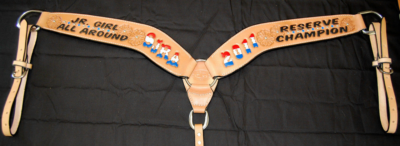 All Around Roper custom leather breast collars can be tailored to fit your style and budget needs. If you have any questions, please feel free to contact us. Orders of 6 or more automatically receive discounted pricing through the site. Don't forget to check out our other custom leather western tack and other awards.