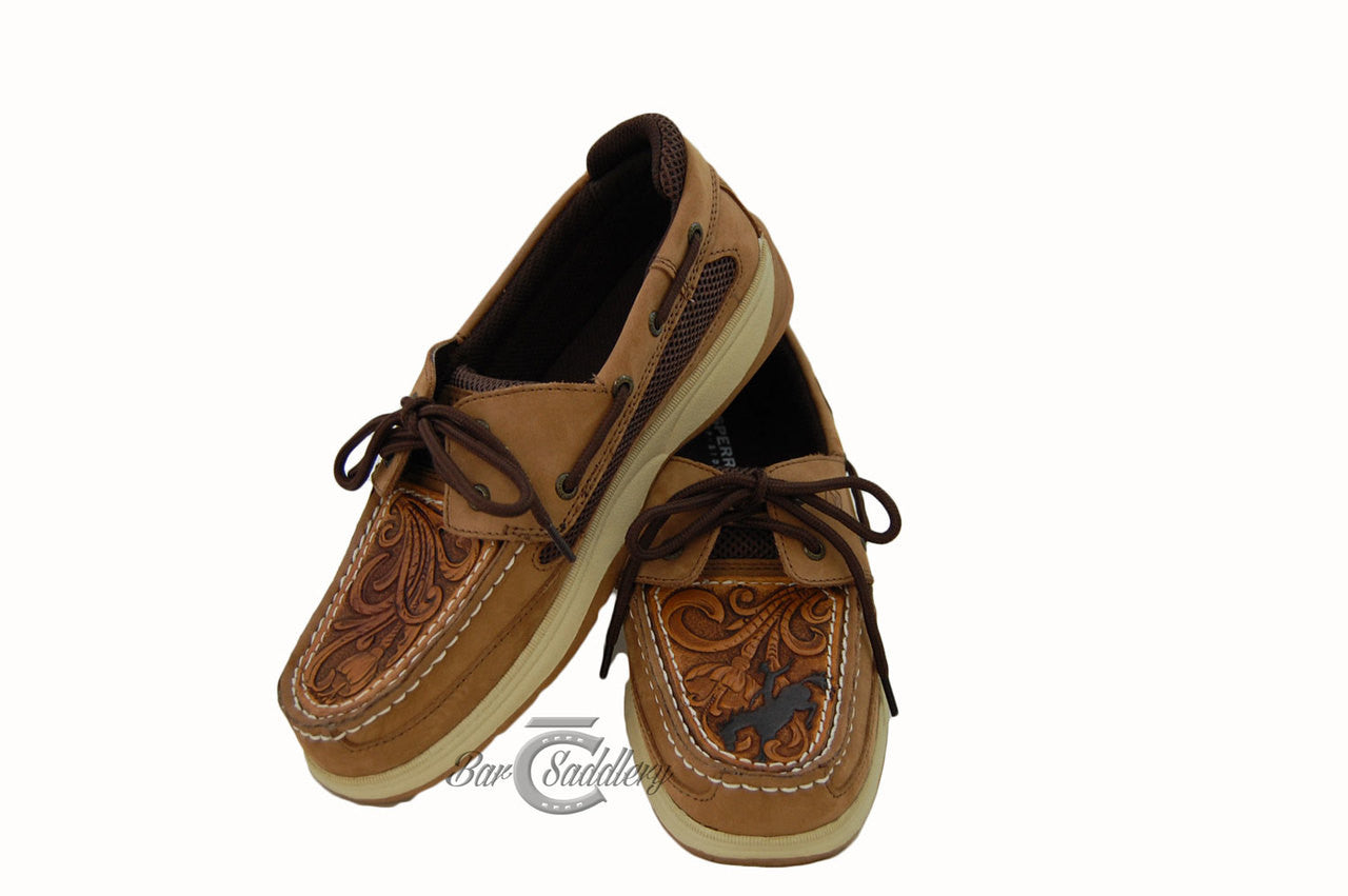 Custom tooled leather shoe / moc / Sperry toppers with bronc. Sewn onto your shoes (not just glued)