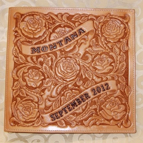 Fully tooled wedding album in natural, light oiled rose pattern and dark brown lettering. For 12 X 12 scrapbook pages