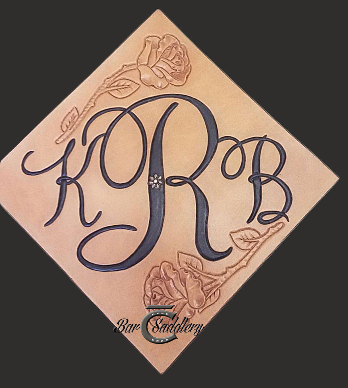 Monogram with roses - hand tooled and dyed graduation cap / mortarboard topper with concho for tassel