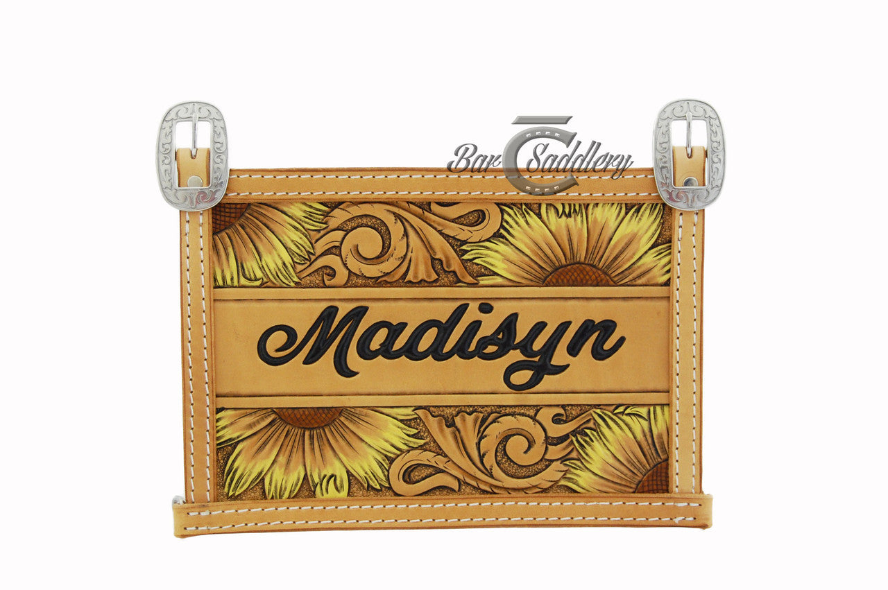 Custom Leather Livestock Exhibitor Show Number Holder Harness - Floral With Name