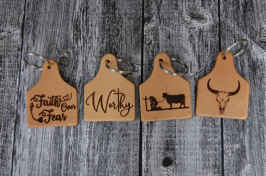 Genuine Leather Eartag Keychain Laser Engraved